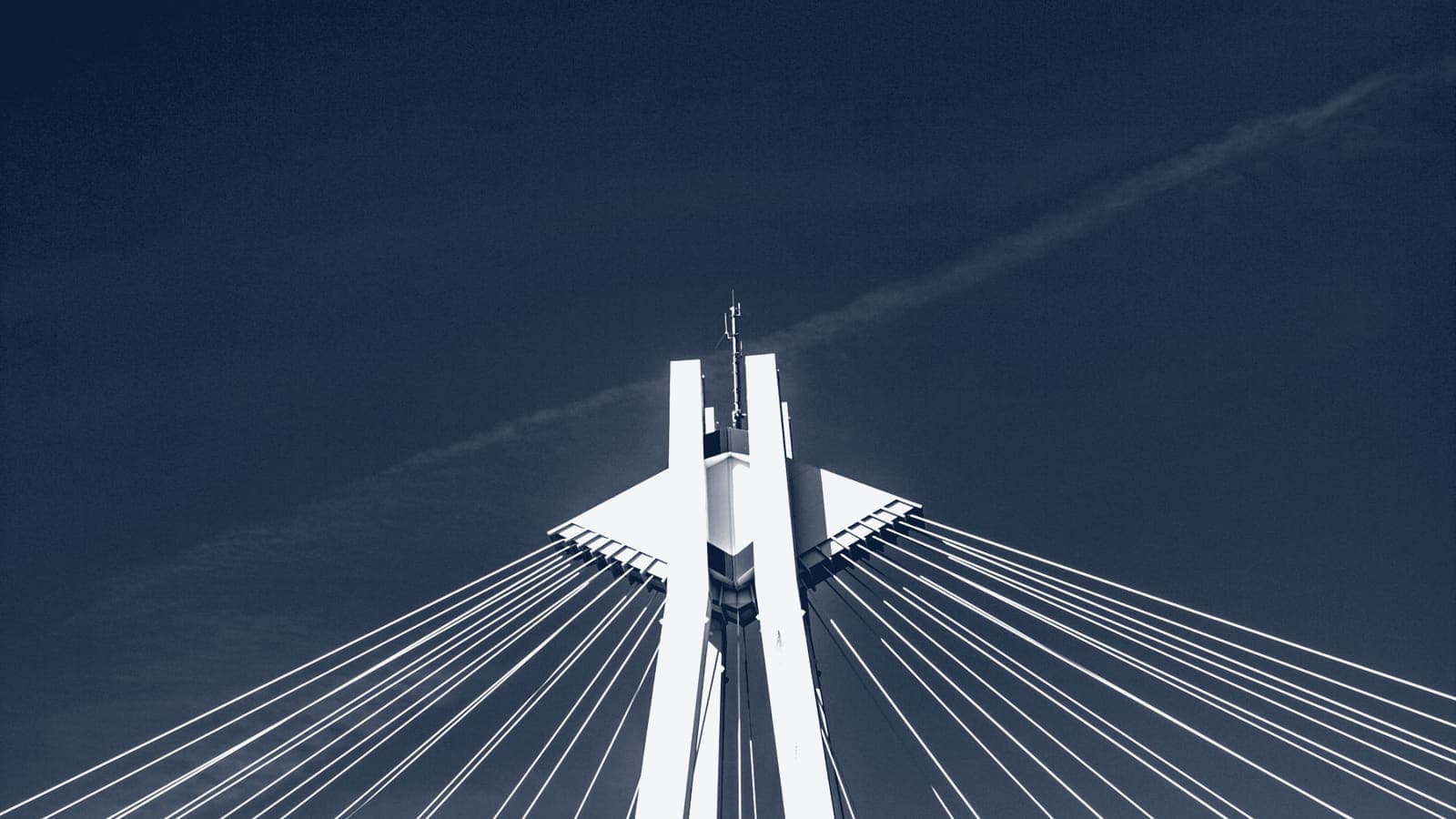 White pylon of a cable-stayed bridge with steel cables fanning out against a dark sky